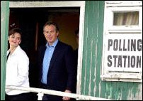 Tony
Blair exits a polling booth with wife Cherie Blair. - Image
courtesy of  labour.org.uk