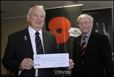 John Campbell,
President (left), accepts the cheque on behalf of the RNZRSA
during Christmas week from Boyd Klap, Chairman of
Sentinel