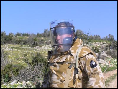 Leading Diver Tim
Mckenzie wearing full Personal Protective Equipment during
ordnance clearance in Southern Lebanon