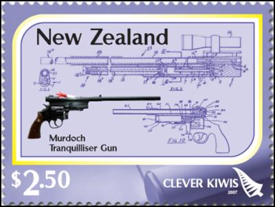 Clever Kiwi Stamps:
$2.50 – Tranquiliser gun – Colin Murdoch’s
tranquiliser gun has saved countless animals since its
invention in the late 1950s.