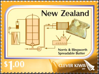 Clever Kiwi Stamps:
$1.00 – Spreadable butter – developed in the 1970s by
the New Zealand Dairy Research
Institute