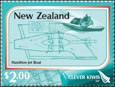 Clever Kiwi Stamps:
$2.00 – Hamilton Waterjet – inventor Bill Hamilton was
knighted for his services to manufacturing in
1974