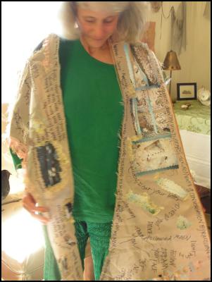 Patricia wearing a
Landscape Journal as Shawl (supplied by
artist)