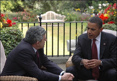 Gordon Brown and Barack Obama
start their talks. 