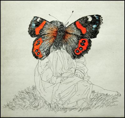 'Butterfly Kiss'
Etching and Watercolour by Margaret Silverwood,
2008