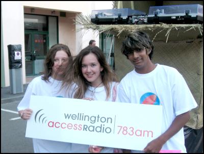 Wellington Access
Radio Youth Zone presenters Tyler Bognuda, Bekkie Baxter and
Sanjay Parbhu on an outdoor broadcast.