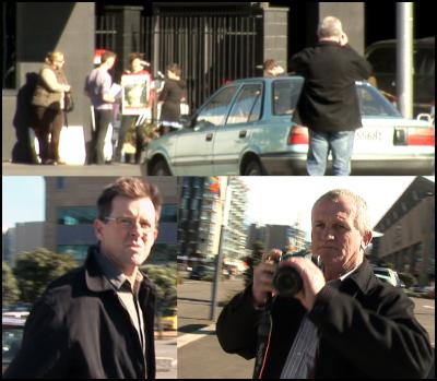 Left: Detective
Richard Grover, SIG. / Right: John Campbell, Provision. In
car park opposite the picket.
