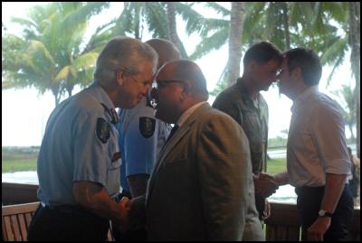 New Zealand
Governor-General, His Excellency The Honourable Sir Anand
Satyanand greets Royal Solomon Islands Police Force
Commissioner, New Zealander Peter Marshall with a
hongi