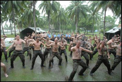 New Zealand
representatives from RAMSI's Combined Task Force and
Participating Police Force presenting a haka powhiri for His
Excellency The Honourable Sir Anand Satyanand at RAMSI
Headquarters, Solomon Islands