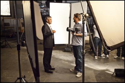 behind-the-scenes
images from Nespresso shoot: George Clooney with
photographer Sam Jones