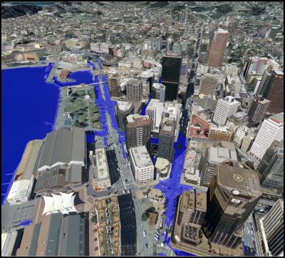 computer model of
wellington showing flooded streets