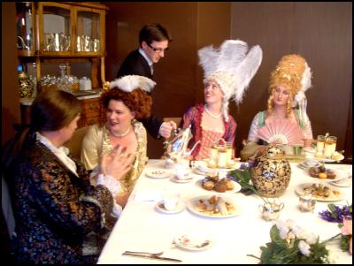 Marie Antoinette
and her Court will share treats and secrets at the St James
Theatre on Saturday December 12. Seated, from left: Count
Cagliostro (Roger Livingstone), Countess de Lamotte (Kerina
Deas), Marie Antoinette (Francesca Emms), Nicole d'Oliva
(Siren Delux)