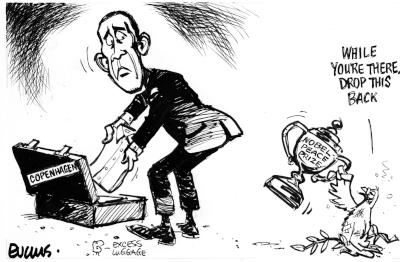 Malcolm Evans cartoon – Obama to go to Copenhagen