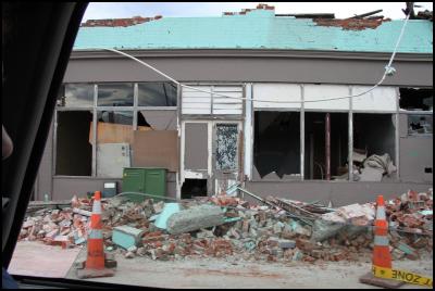 Christchurch earthquake - 3 Wrecked shop facades, Inner city ChCh, Emily Hartley-Skudder