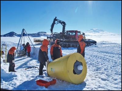 Ice Tethered
Profiler being deployed in Antarctica by NIWA and Antarctica
NZ staff.  Mount Erebus in the background.