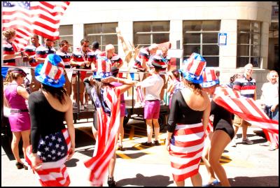 Wellington Sevens
parade, sevens costumes, united states, America, statue of
libery, flags