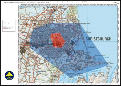 a map of the
temporary restricted airspace around Christchurch City,
effective as of 6am, 3 March 2011
