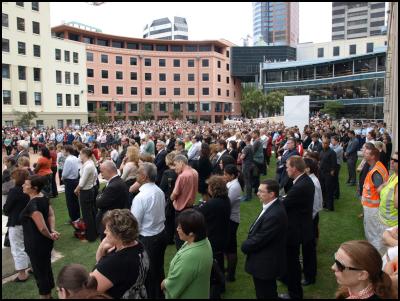 Christchurch
earthquake vigil - Two minutes silence in Civic Square,
Wellington