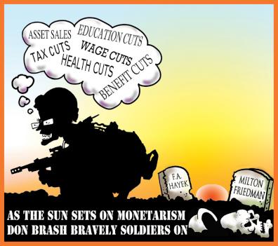 Cartoon By Dave
Wolland: Brash II - as the sun sets on monetarism, Don Brash
soldiers on