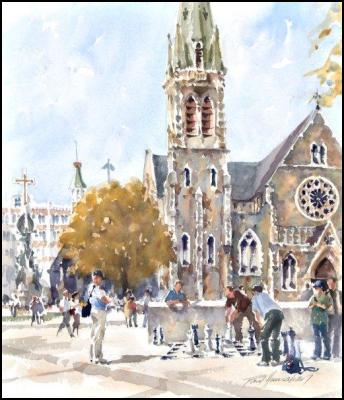 Paul Hanrahan –
Chess, Christchurch Cathedral,
watercolour