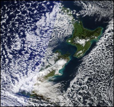 NASA Terra
satellite image: snow on New Zealand, July 2011