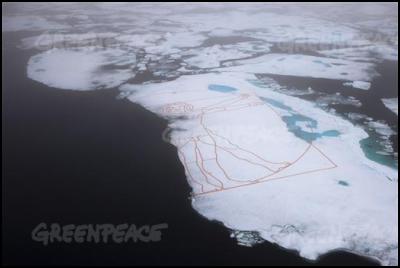 The crew of the Greenpeace icebreaker Arctic Sunrise help artist John Quigley recreate da Vinci's sketch The Vitruvian Man, from copper on the Arctic sea ice.