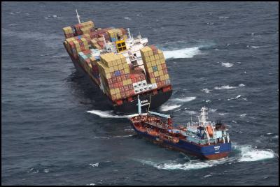 Image credit:
Maritime New Zeland. The tanker Awanuia operating near the
stricken cargo vessel Rena. - 10 October