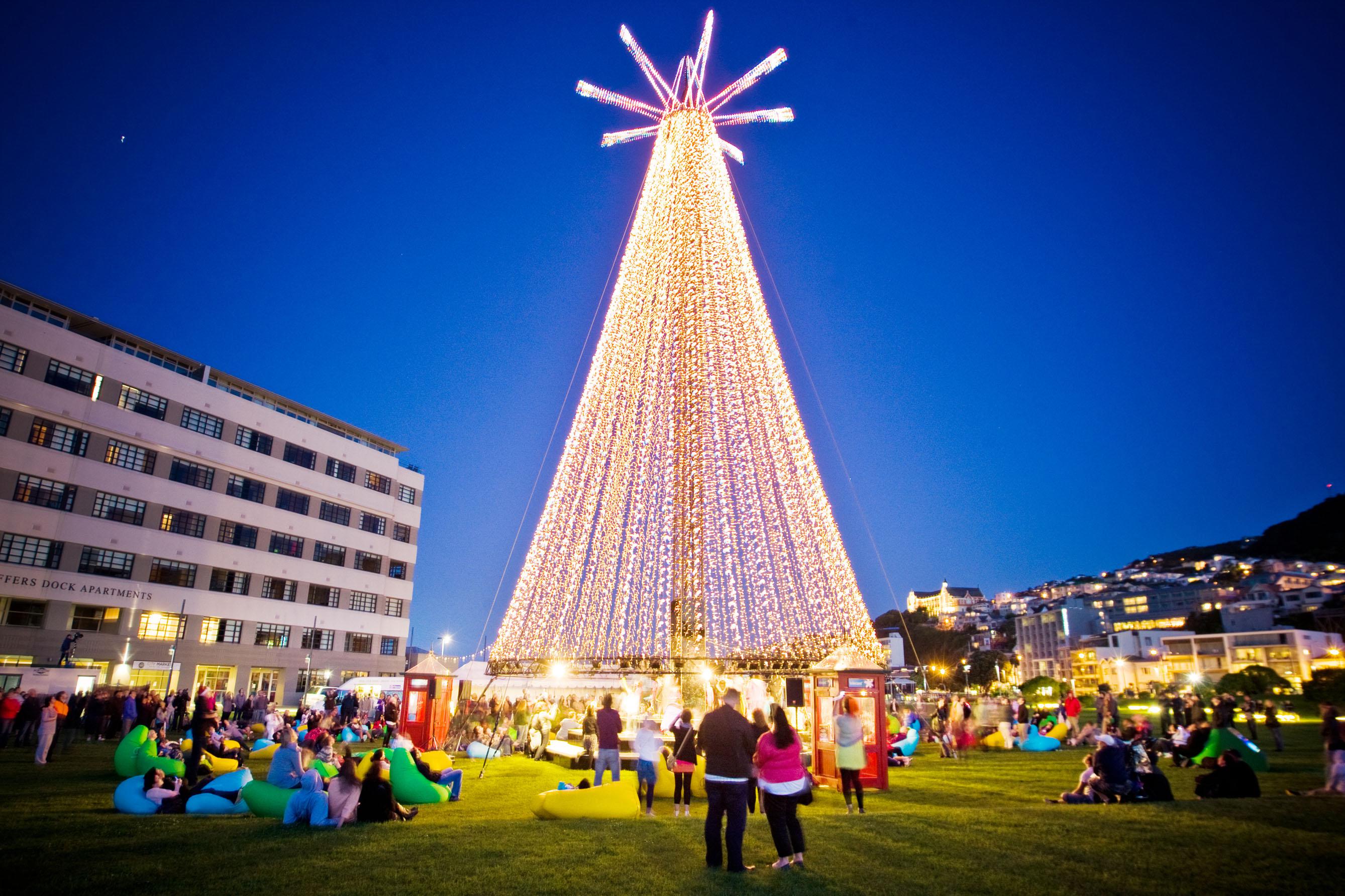 Wellington.scoop.co.nz » Christmas tree lit up in Waitangi Park