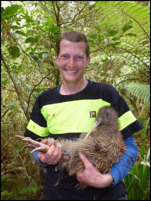 DOC Biodiversity
Ranger Pete McMurtrie with one of the two breeding Kiwis
introduced to Sinbad Gully