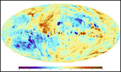 A sky map of the Faraday effect caused by the magnetic fields of the Milky Way. Red and blue colours indicate regions of the sky where the magnetic field points toward and away from the observer, respectively. Image: Max Planck Institute for Astrophysics.