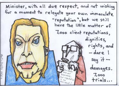 Martin Doyle cartoon: In reference to Judith Collins' proprosed legal action as Minister of ACC in regards her own reputation, I think she is temporarily forgetting something else of equal importance… 7000 leaked emails