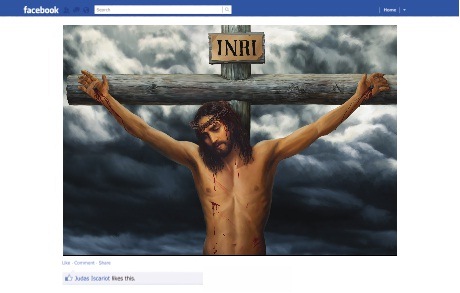 St Matthew-in-the-City’s Easter billboard appears to be a traditional image of the crucifixion but upon closer inspection it is a shared image on Facebook with only one like and it is by Judas Iscariot.