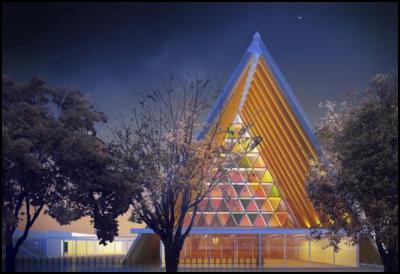 An architect's
impression of what the transitional Christchurch cathedral
will look like.