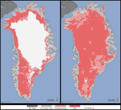 Extent of surface
melt over Greenland’s ice sheet on July 8 (left) and July
12 (right).