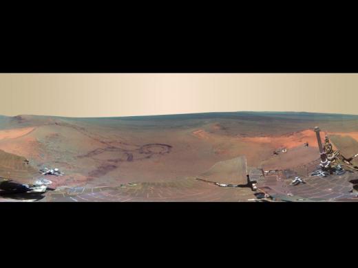 This full-circle
scene combines 817 images taken by the panoramic camera
(Pancam) on NASA's Mars Exploration Rover Opportunity. Image
credit: NASA/JPL-Caltech/Cornell/Arizona State Univ.