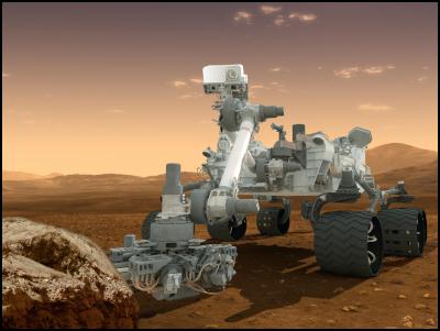 This artist's
concept features NASA's Mars Science Laboratory Curiosity
rover, a mobile robot for investigating Mars' past or
present ability to sustain microbial life.
