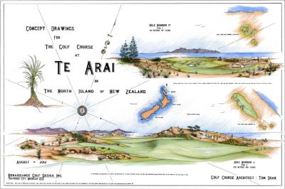 Te Uri o Hau hapu
unveils world-class golf course near Auckland - Concept
drawing of golf course showing views from the 17th
tee.