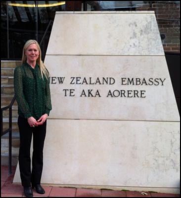 Dr. Holly Thorpe,
outside the New Zealand Embassy in Washington D.C. Photo
taken by Charles Sneiderman