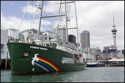 The new Rainbow
Warrior sails in to Auckland for the first time, where she
was welcomed by Ngati Whatua. The first Rainbow Warrior was
bombed in the city's harbour by French secret service agents
in 1985. The Greenpeace ship will be spending the next few
weeks visiting ports around the country. Photo:
Greenpeace/Nigel
Marple