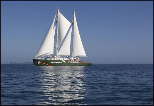 The new Rainbow
Warrior sails in to Auckland for the first time, where she
was welcomed by Ngati Whatua. The first Rainbow Warrior was
bombed in the city's harbour by French secret service agents
in 1985. The Greenpeace ship will be spending the next few
weeks visiting ports around the country. Photo:
Greenpeace/Nigel Marple