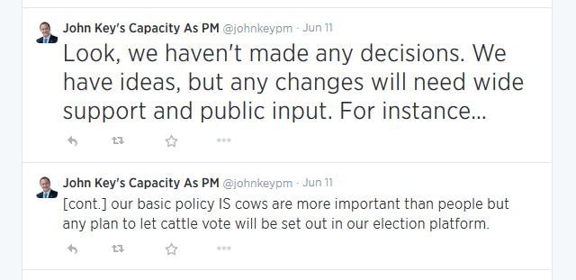 Look, we haven't made any decisions. We have ideas, but any changes will need wide support and public input. For instance…

[cont.] our basic policy IS cows are more important than people but any plan to let cattle vote will be set out in our election platform.