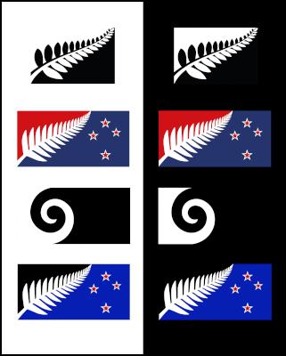 NZ alternative flag option on black and white backgrounds
