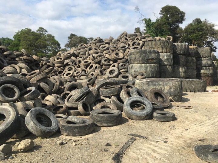 Tyres at the
Kawerau site of a failed tyre recycling venue. Photo: Bay of
Plenty Regional Council