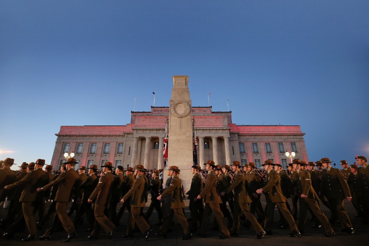 soldier marching in
front of the auckland war memorial museum