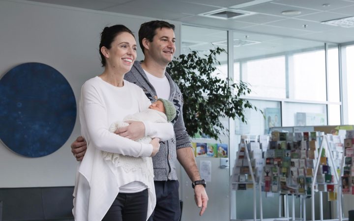 Jacinda Ardern and
her partner Clarke Gayford with their daughter Neve. Photo:
RNZ / Claire Eastham-Farrelly 