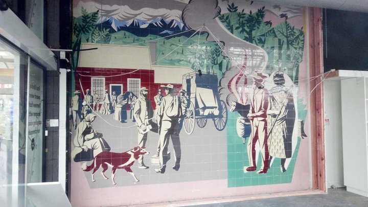  How the
re-discovered Early Settlers mural looks after being
retrieved from its walled hiding place at the site of the
former Masterton Post Office.