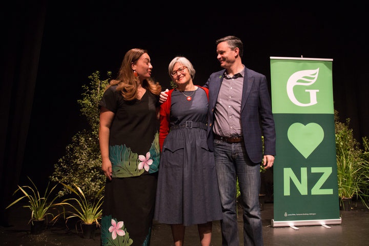 Green Party
co-leaders Marama Davidson (left) and James Shaw (right) and
Green MP Eugenie Sage (centre). Photo: Green Party