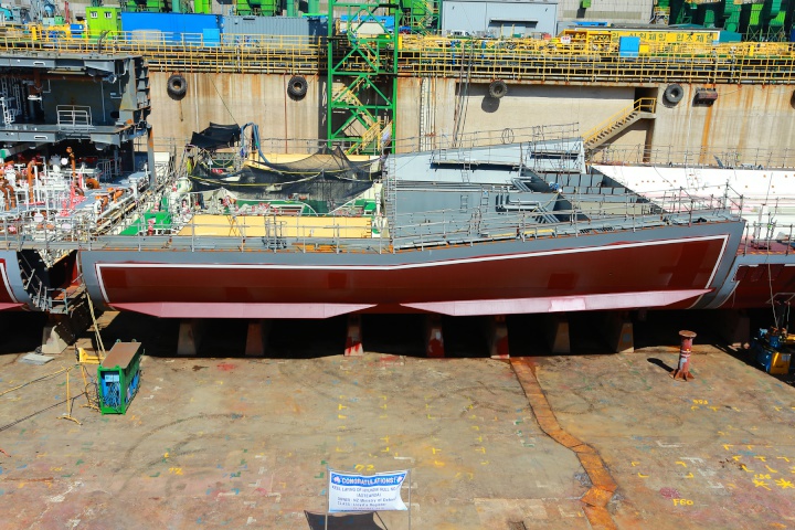 Two pieces of
Aotearoa’s keel are joined at the symbolic keel-laying
ceremony in Ulsan, South Korea, yesterday.