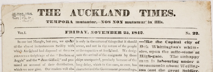 The Auckland Times,
25 November 1842 Image credit: AKTIM_18421125_0001 -
Auckland Libraries.