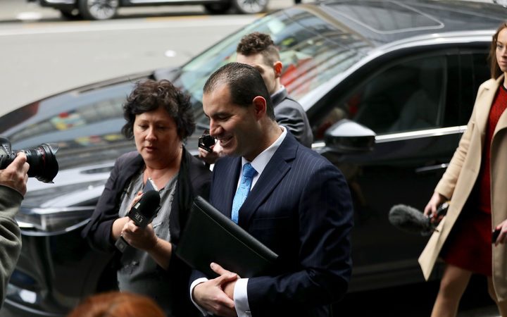 Jami-Lee Ross heads
into the Wellington police station to make his complaint.
Photo: RNZ / Rebekah Parsons-King